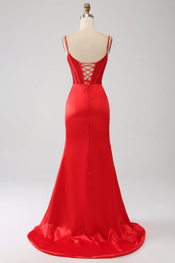 Satin Sirena in rilievo rosso Prom Dress con fessura